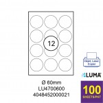LUMA LU4700600 LABEL FOR INKJET / LASER / COPIER 100 SHEETS/PKT WHITE 60MM ROUND